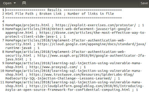 Results file showing html broken links